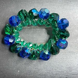 Vintage Blue & Green Glass Bead Oval Brooch Lg Silver Tone Hidden Wire Unsigned